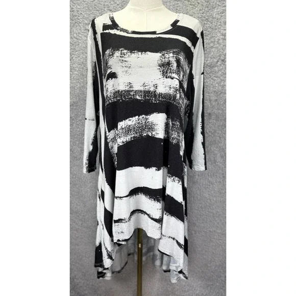 Alembika Womens Black White Long Sleeve Dress Lagenlook Pockets Artsy XL - Picture 1 of 10